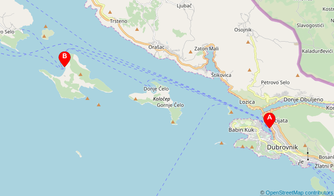 Map of ferry route between Dubrovnik and Lopud